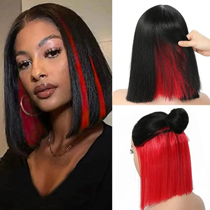 Highlight red straight bob wig with transparent lace frontal for women by DoubleMfashion, showcasing vibrant color and style.