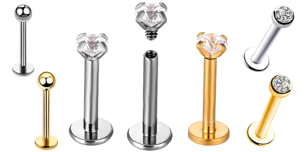 10-piece G23 titanium labret studs with square CZ stones, suitable for lip, cartilage, and tongue piercings by DoubleMfashion.