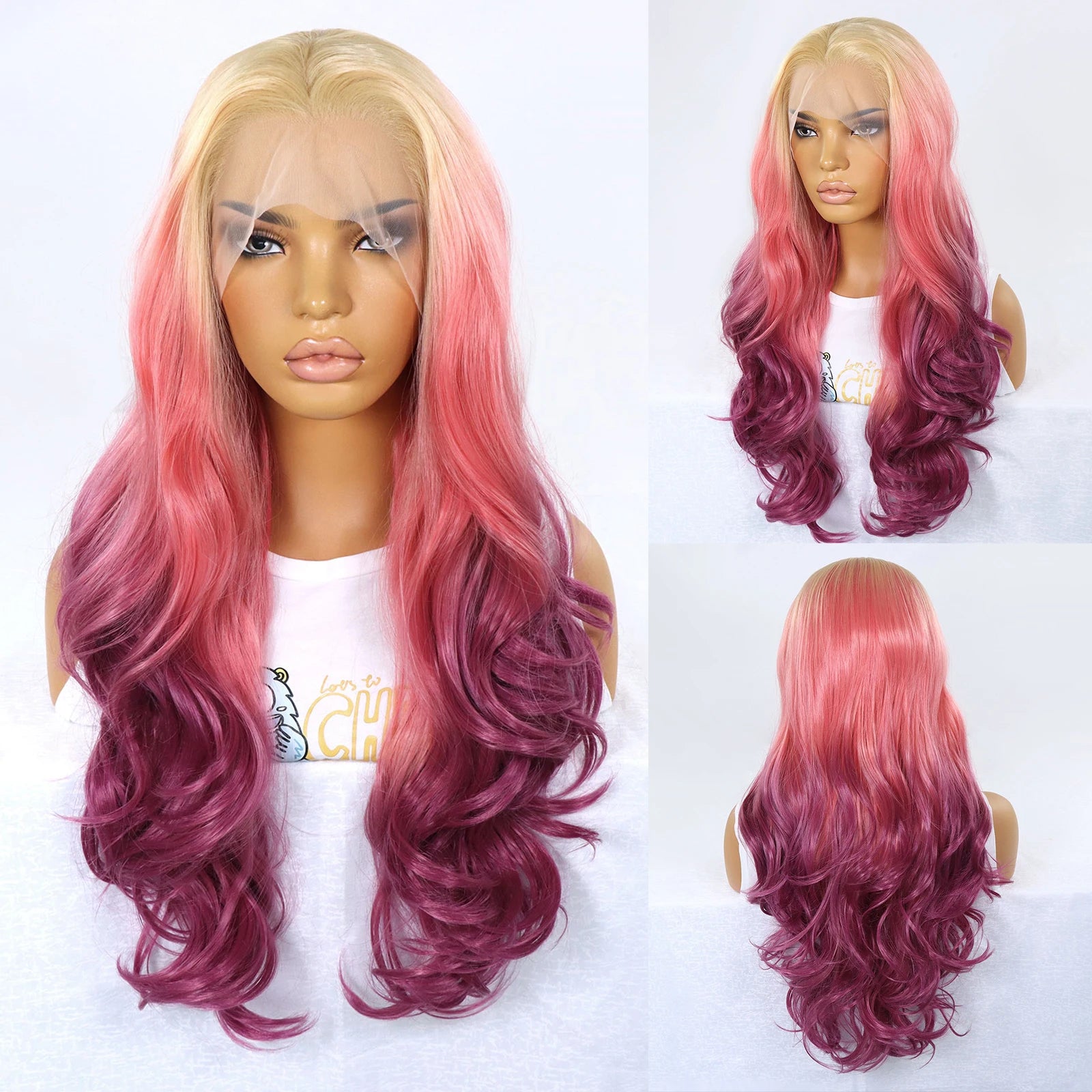 Long curly 613 blonde ombre orange red synthetic lace front wig by DoubleMfashion, ideal for cosplay and heat resistant.
