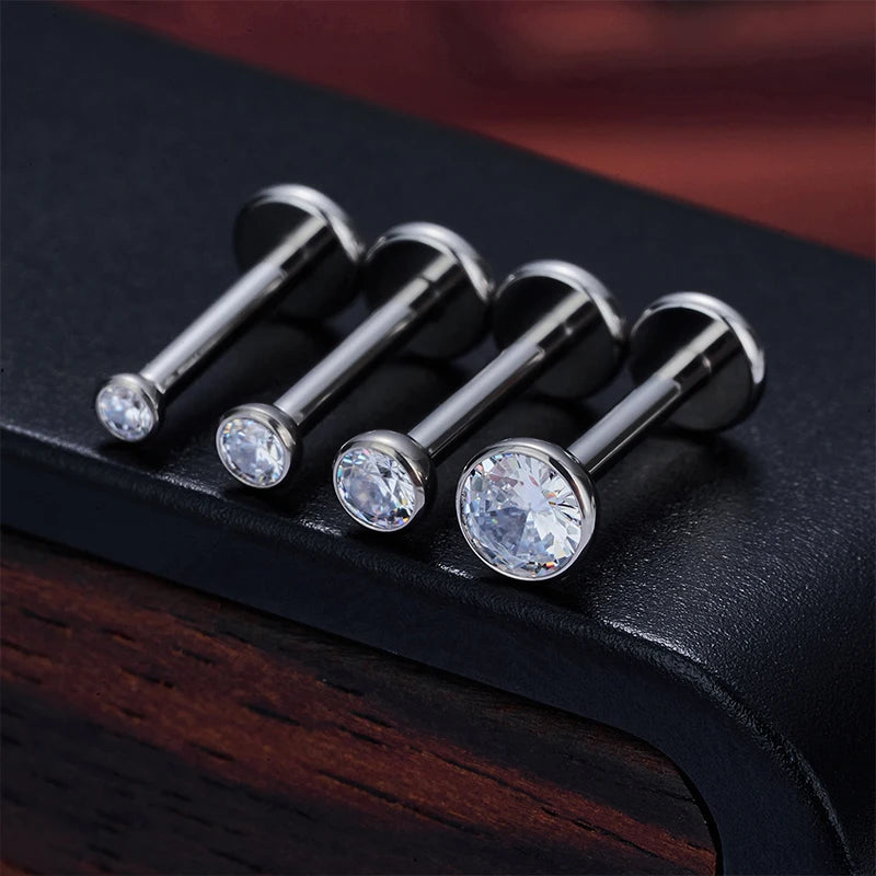 G23 titanium labret ear studs with square CZ stones, ideal for lip, cartilage, and tongue piercings by DoubleMfashion.