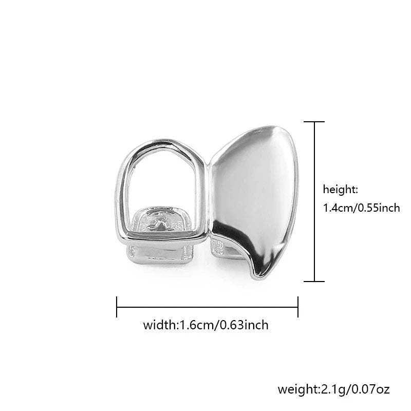TOPGRILLZ 3pcs DIY double hollow teeth grillz fangs set for Halloween, showcasing shiny silver top and bottom dental grills.