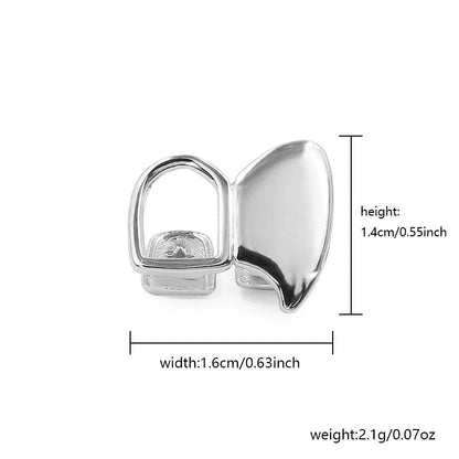 TOPGRILLZ 3pcs DIY double hollow teeth grillz fangs set for Halloween, showcasing shiny silver top and bottom dental grills.