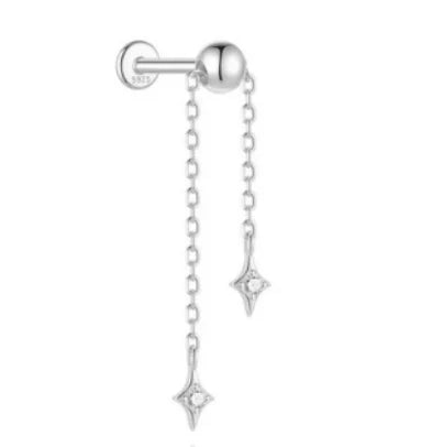 CANNER 925 Sterling Silver eight-pointed star CZ earring with tassel chain, designed for women, elegant party jewelry.