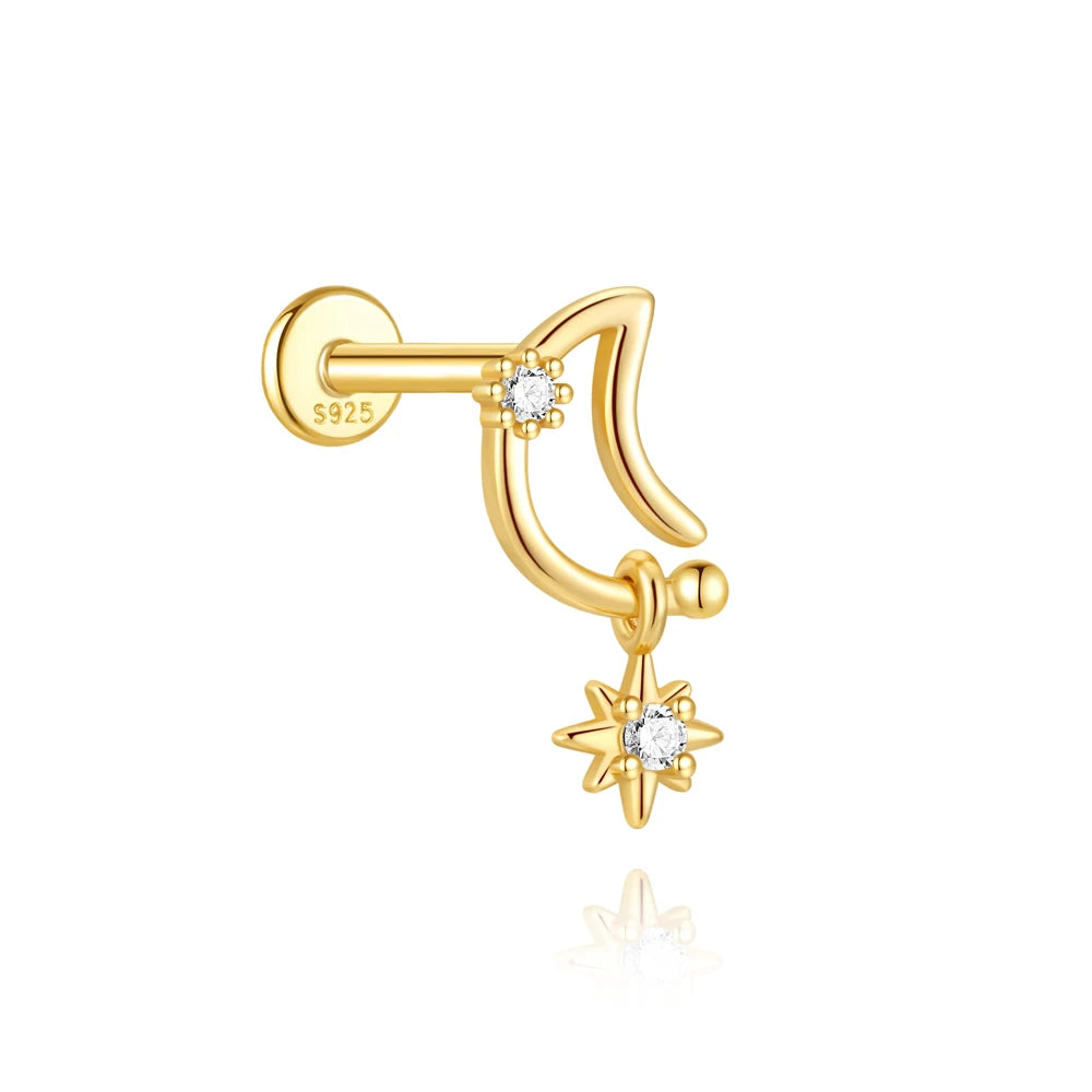 CANNER 925 Sterling Silver eight-pointed star CZ piercing earring with tassel chain, designed for women.