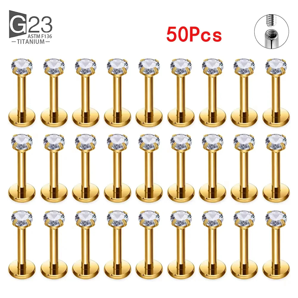 10Pc G23 titanium labret earrings with square CZ stones, suitable for lip, cartilage, and tragus piercings.