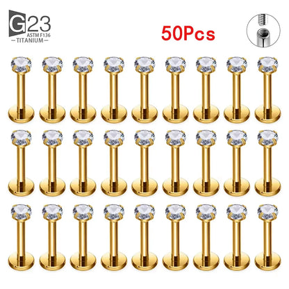 10Pc G23 titanium labret earrings with square CZ stones, suitable for lip, cartilage, and tragus piercings.