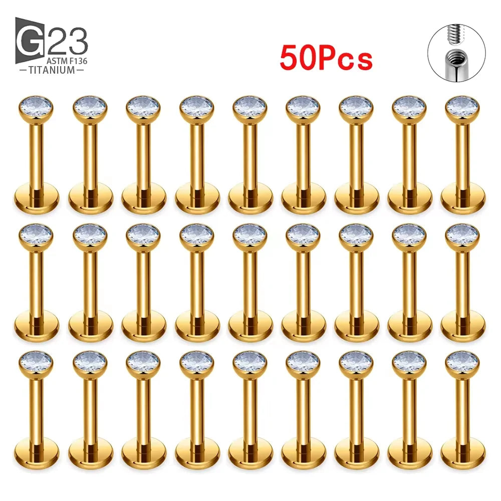 G23 titanium labret ear lip studs with square CZ stone, ideal for cartilage and tragus piercings by DoubleMfashion.