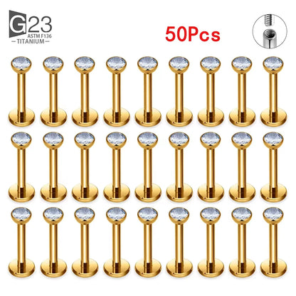 G23 titanium labret ear lip studs with square CZ stone, ideal for cartilage and tragus piercings by DoubleMfashion.