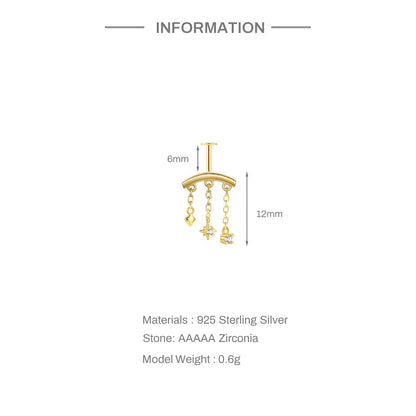 CANNER 925 Sterling Silver eight-pointed star CZ earring with tassel chain for women, showcased on a white background.