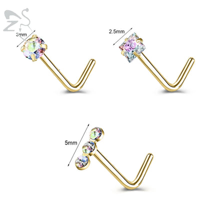 Gold color stainless steel nose stud set with heart, star, and round crystal designs, featuring L-shape nostril piercings.