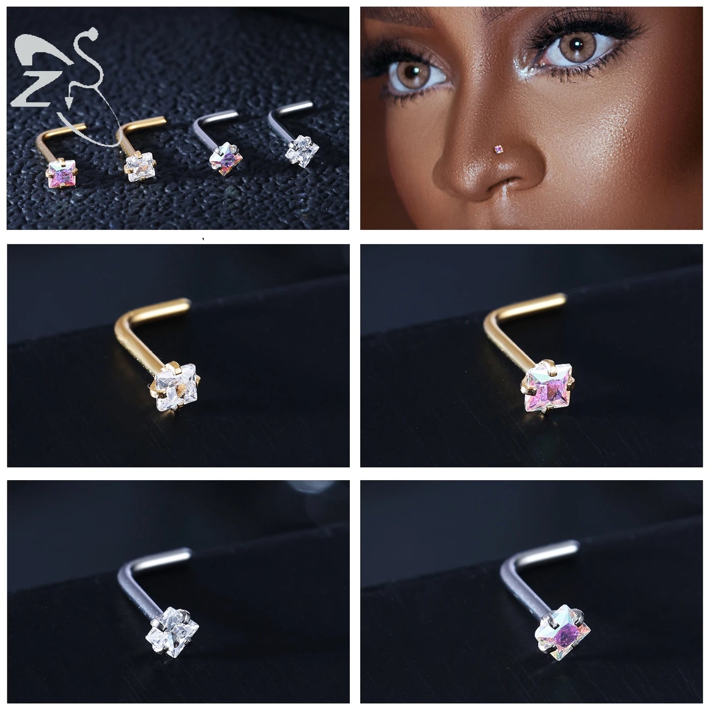 Gold stainless steel nose stud set with heart, star, and round crystal designs, featuring L-shaped nostril piercings.