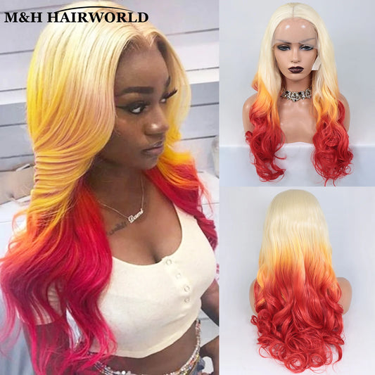613 blonde ombre orange red long curly synthetic lace front wig by DoubleMfashion, featuring heat-resistant hair.