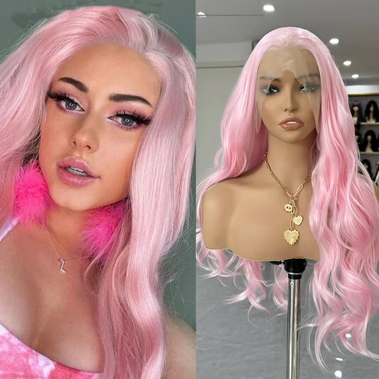 Light pink wave lace synthetic frontal wig by DoubleMfashion, featuring long body waves for cosplay and daily wear.