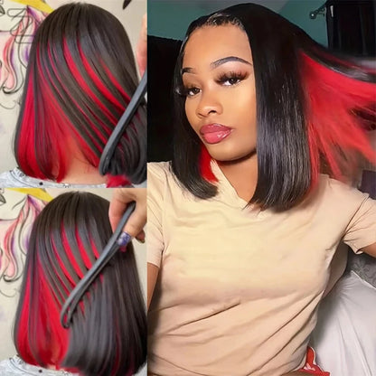 Straight red bob wig with 13x4 transparent lace frontal, designed for women by DoubleMfashion.