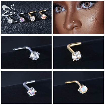 Gold stainless steel nose stud set with heart, star, and round crystals in L shape design by DoubleMfashion.