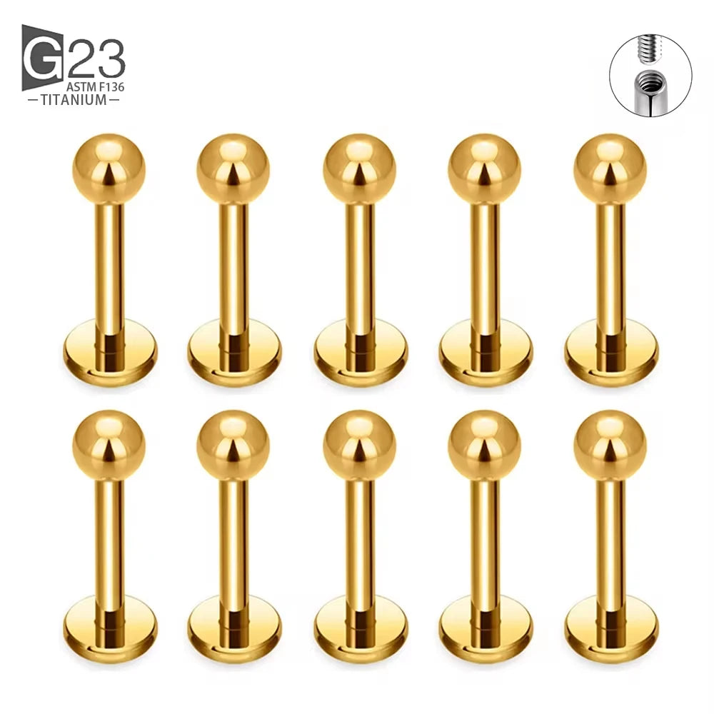 G23 titanium labret ear lip studs with square CZ stones, featuring threaded design for cartilage and tragus piercings.