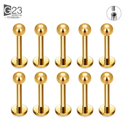 G23 titanium labret ear lip studs with square CZ stones, featuring threaded design for cartilage and tragus piercings.