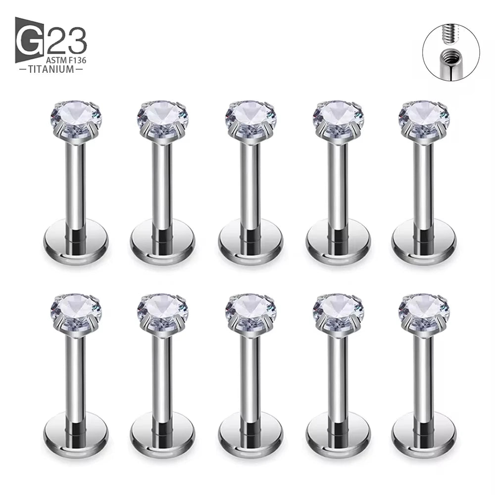 G23 titanium labret studs with square CZ stones, suitable for lip, cartilage, and tongue piercings by DoubleMfashion.