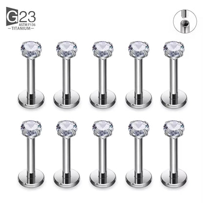 G23 titanium labret studs with square CZ stones, suitable for lip, cartilage, and tongue piercings by DoubleMfashion.