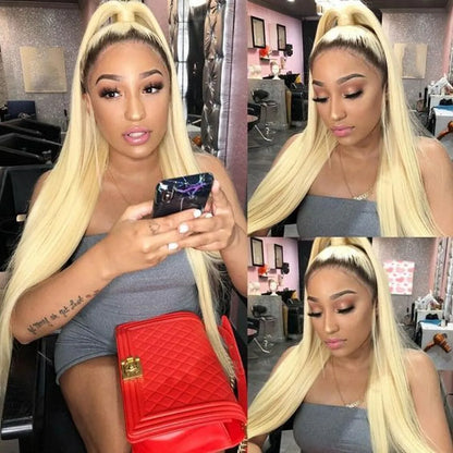 Honey blonde lace front human hair wig with dark roots, featuring straight Remy Brazilian hair by DoubleMfashion.
