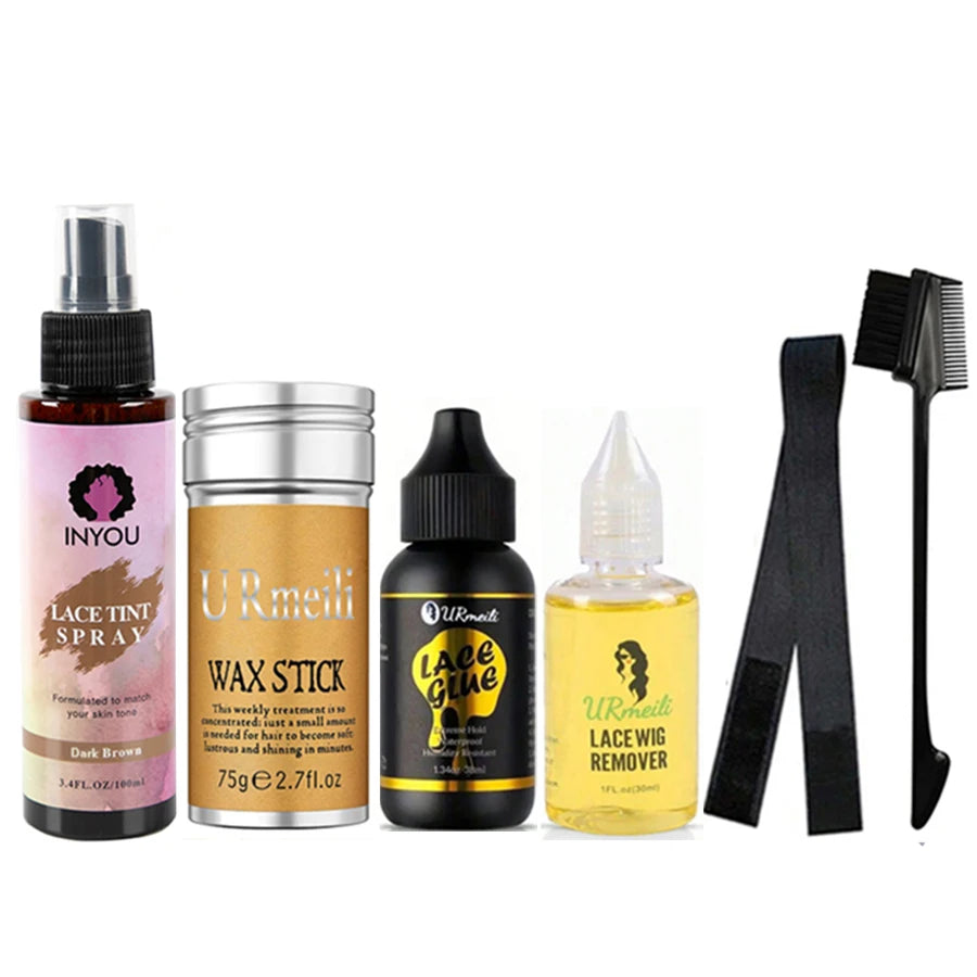 Kit de colle Lace Wig DoubleMfashion avec spray teinté, bâton de cire, adhésif et dissolvant, pour installation de perruque.