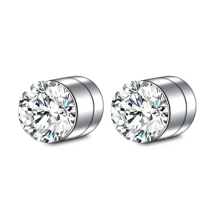 Punk round zircon magnetic ear stud clip earrings for men and women by DoubleMfashion, featuring a crystal design.