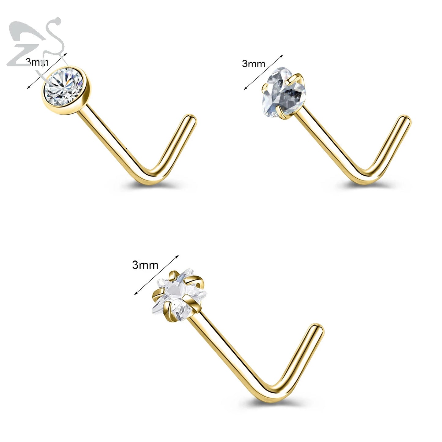 Gold stainless steel nose stud set with heart, star, and round crystals in L-shape, 18g/20g by DoubleMfashion.