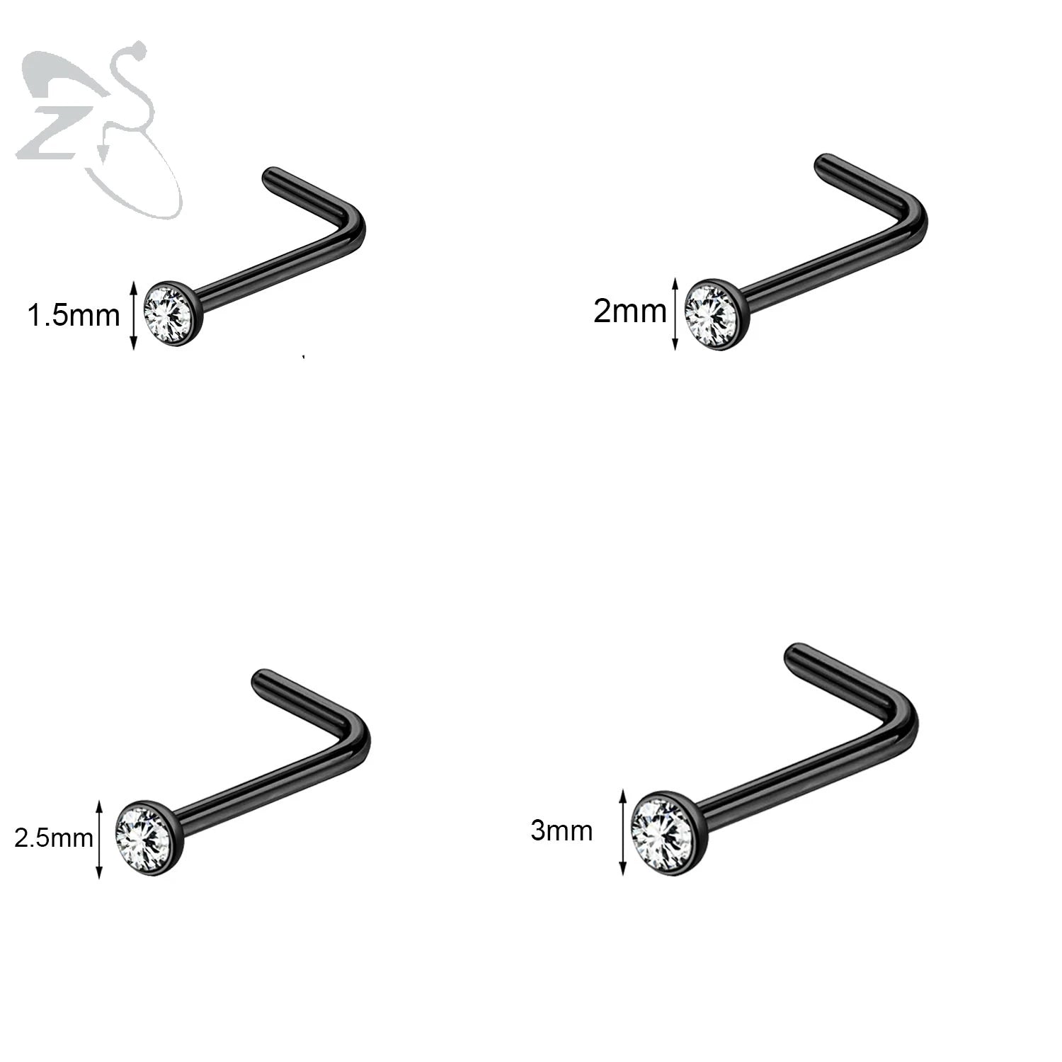 Gold stainless steel nose stud set by DoubleMfashion featuring heart, star, and round crystal designs in L-shape.