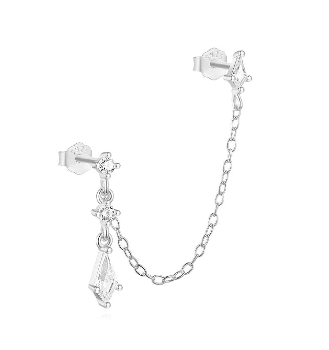 925 Sterling Silver eight-pointed star CZ stud earring with tassel chain, designed for women by CANNER.