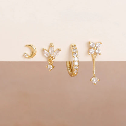 4PCS stainless steel hoop earrings set featuring star, moon, and flower designs for women by DoubleMfashion.