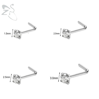 Gold stainless steel nose stud set with heart, star, and round crystals in L-shape, 18g/20g by DoubleMfashion.