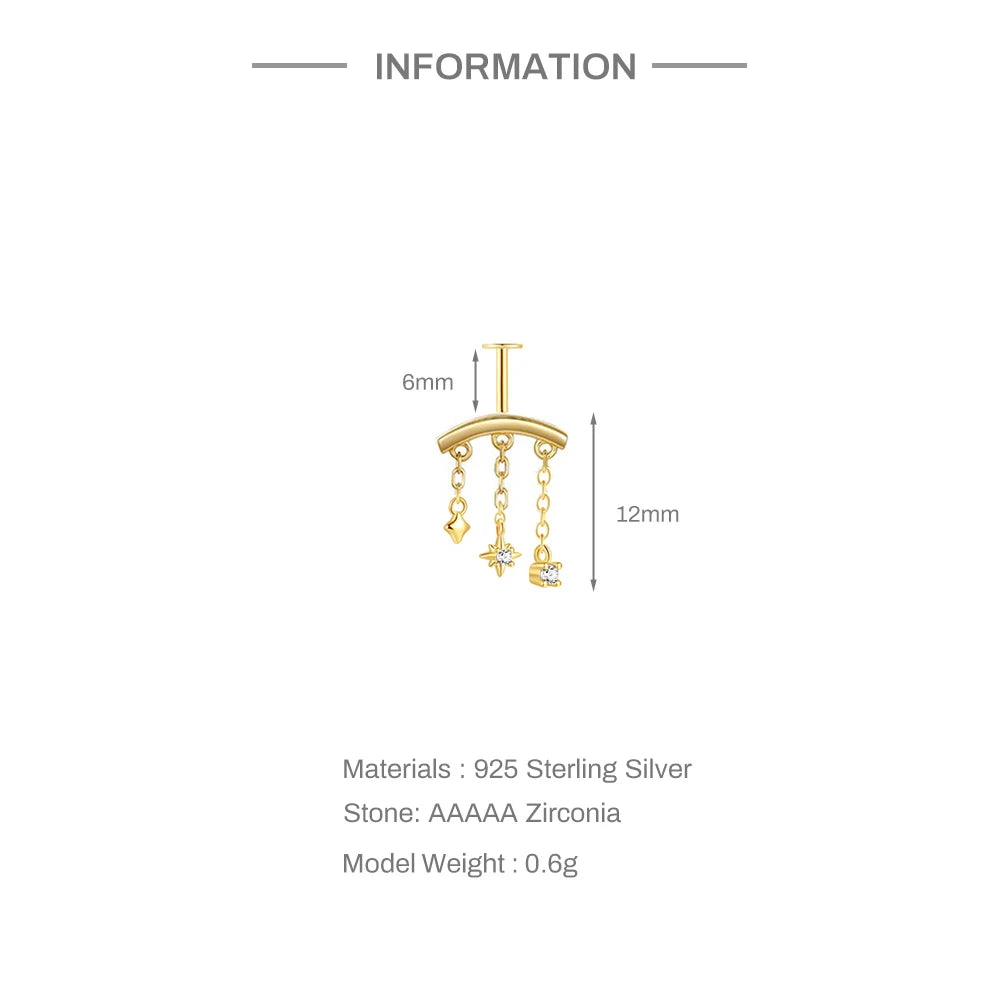 CANNER 925 Sterling Silver eight-pointed star CZ earring with tassel chain, designed for women, showcased on a white background.