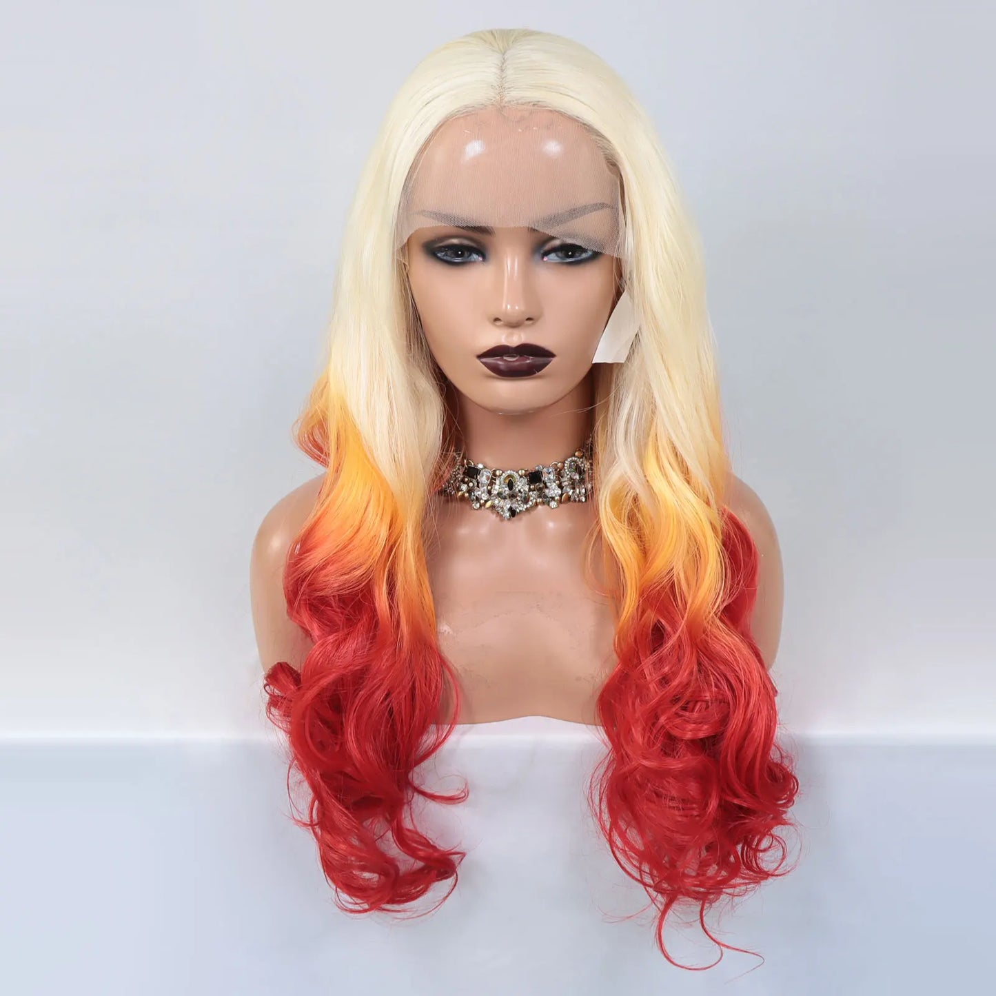 613 blonde ombre orange red synthetic lace front wig with long curly hair for women, by DoubleMfashion.
