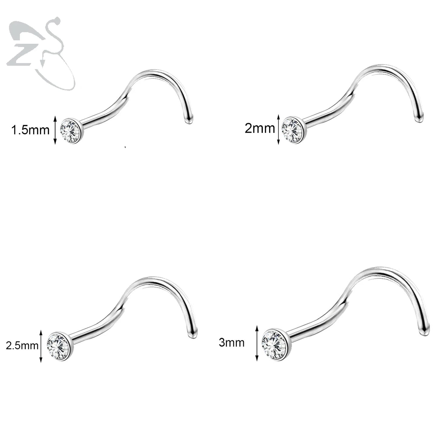 Gold stainless steel nose stud set with heart, star, and round crystal designs in L shape, 18g/20g by DoubleMfashion.