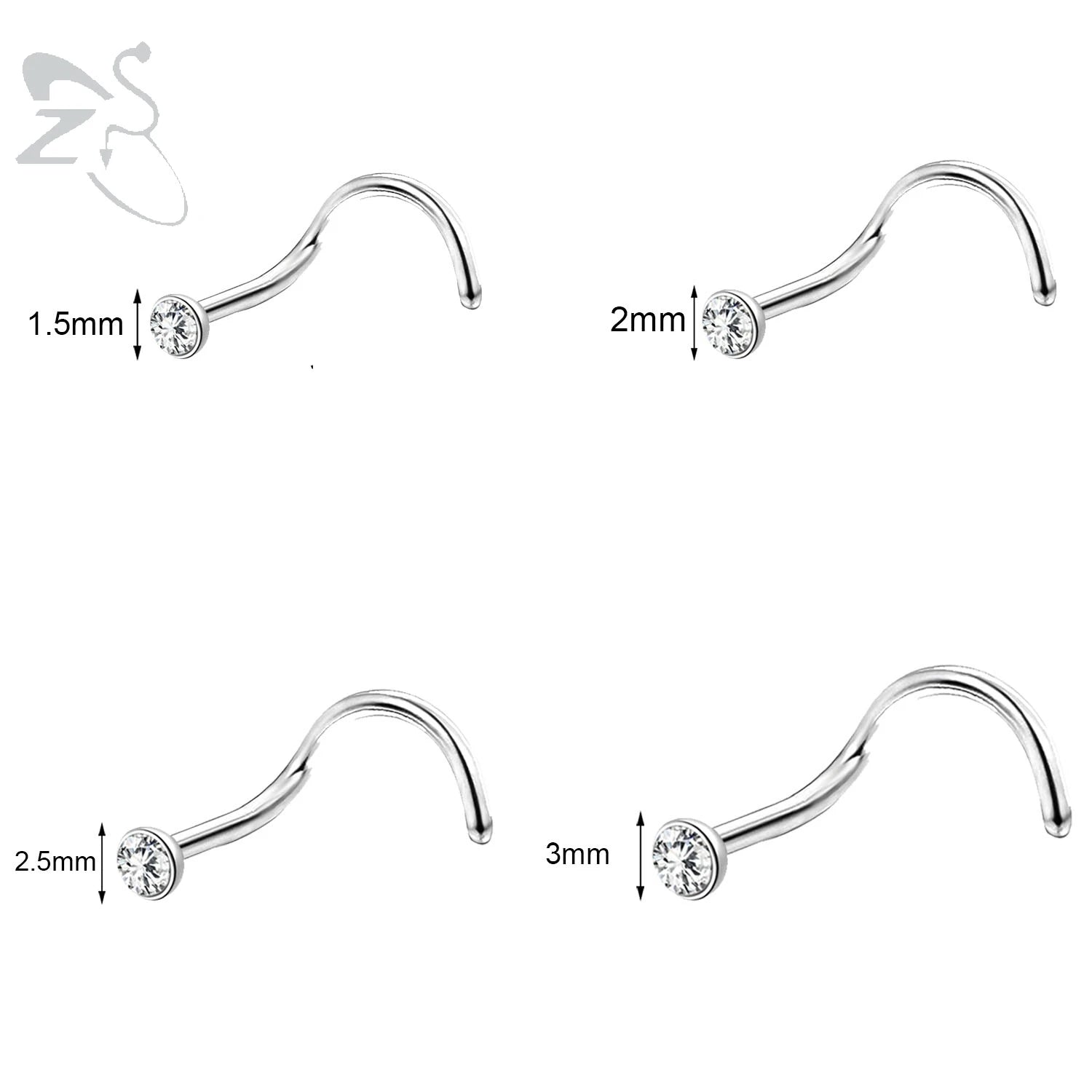 Gold stainless steel nose stud set with heart, star, and round crystal designs in L shape, 18g/20g by DoubleMfashion.