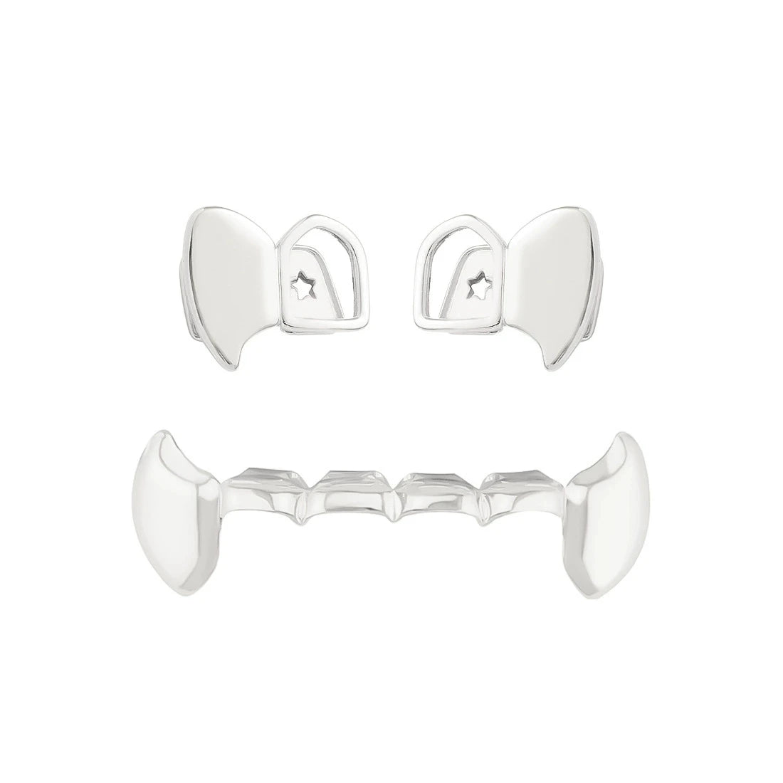 TOPGRILLZ glossy double hollow teeth grillz fangs set for Halloween, featuring top and bottom dental grills.