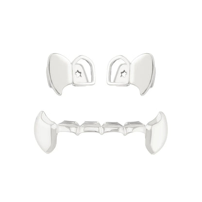 TOPGRILLZ glossy double hollow teeth grillz fangs set for Halloween, featuring top and bottom dental grills.