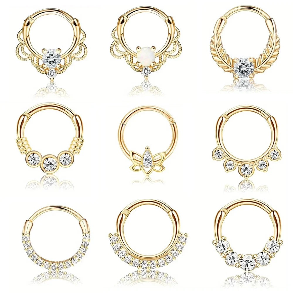 DoubleMfashion 316L stainless steel septum ring with opal and CZ, ideal for daith, cartilage, and tragus piercings.