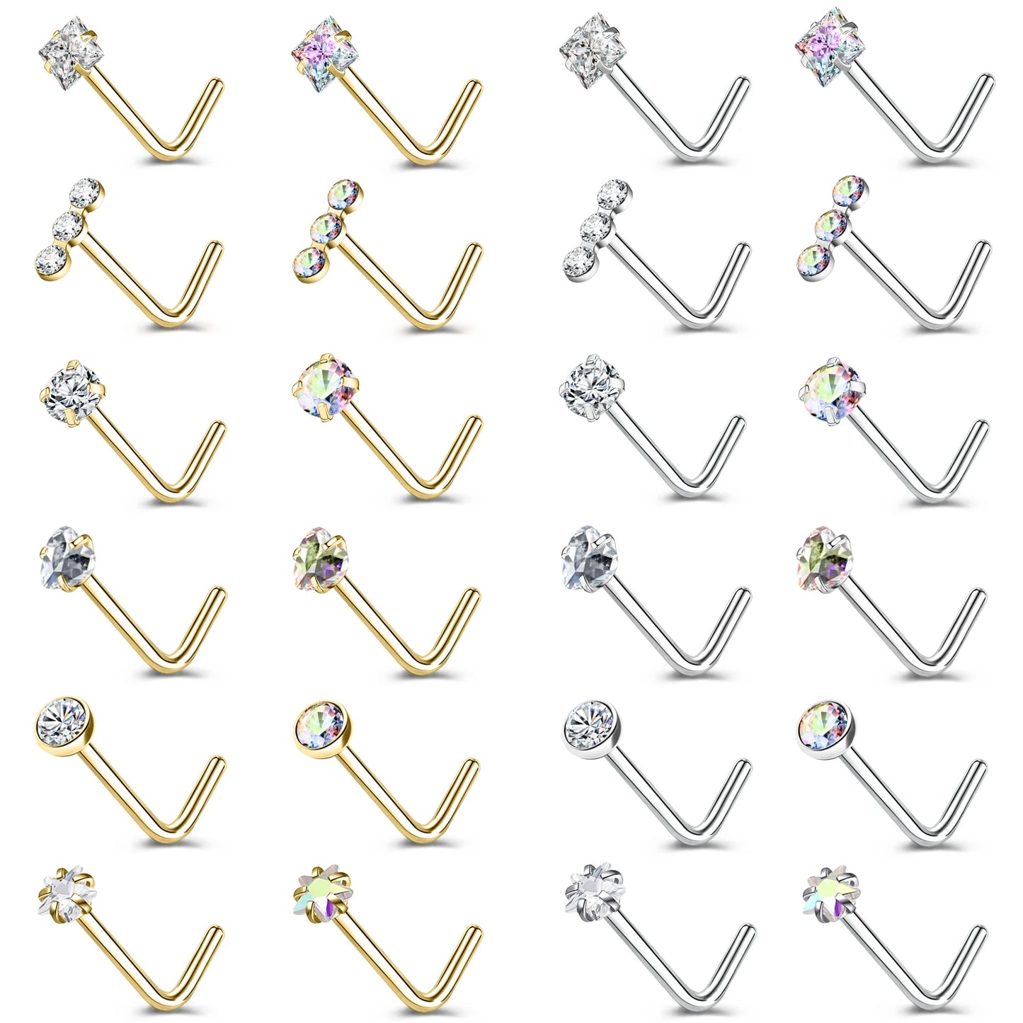 Gold stainless steel nose stud set with heart, star, and round crystal designs for nostril piercings by DoubleMfashion.