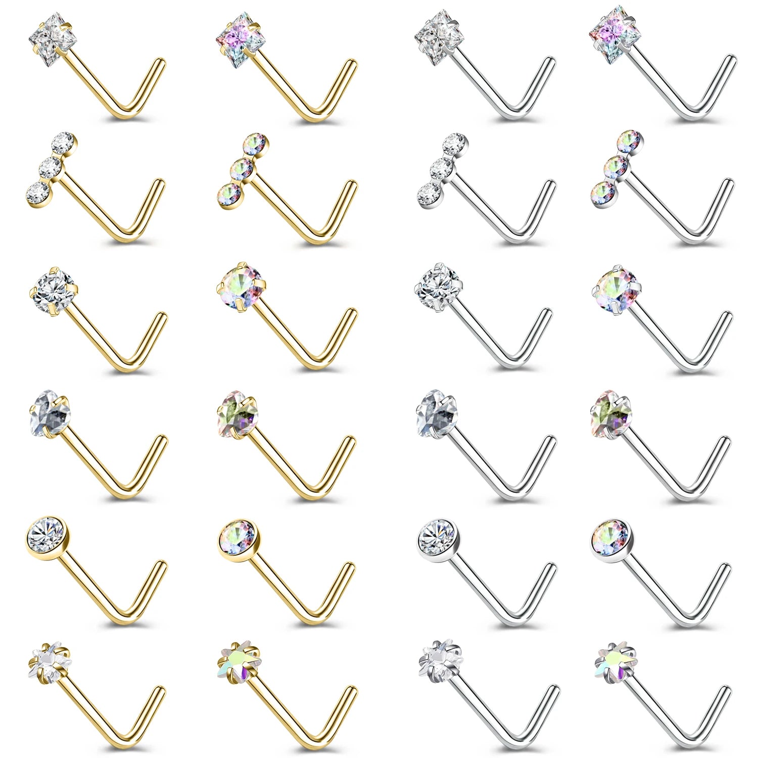 Gold stainless steel nose stud set with heart, star, and round crystal designs for nostril piercings by DoubleMfashion.