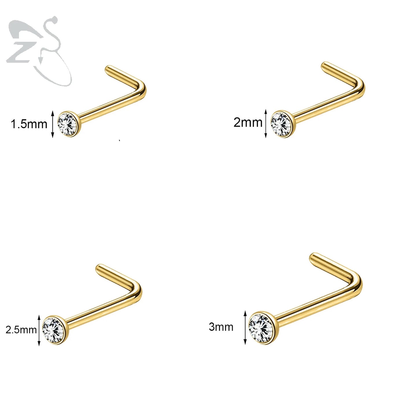 Gold stainless steel nose stud set featuring heart, star, and round crystal designs in L-shape, 18g/20g sizes.