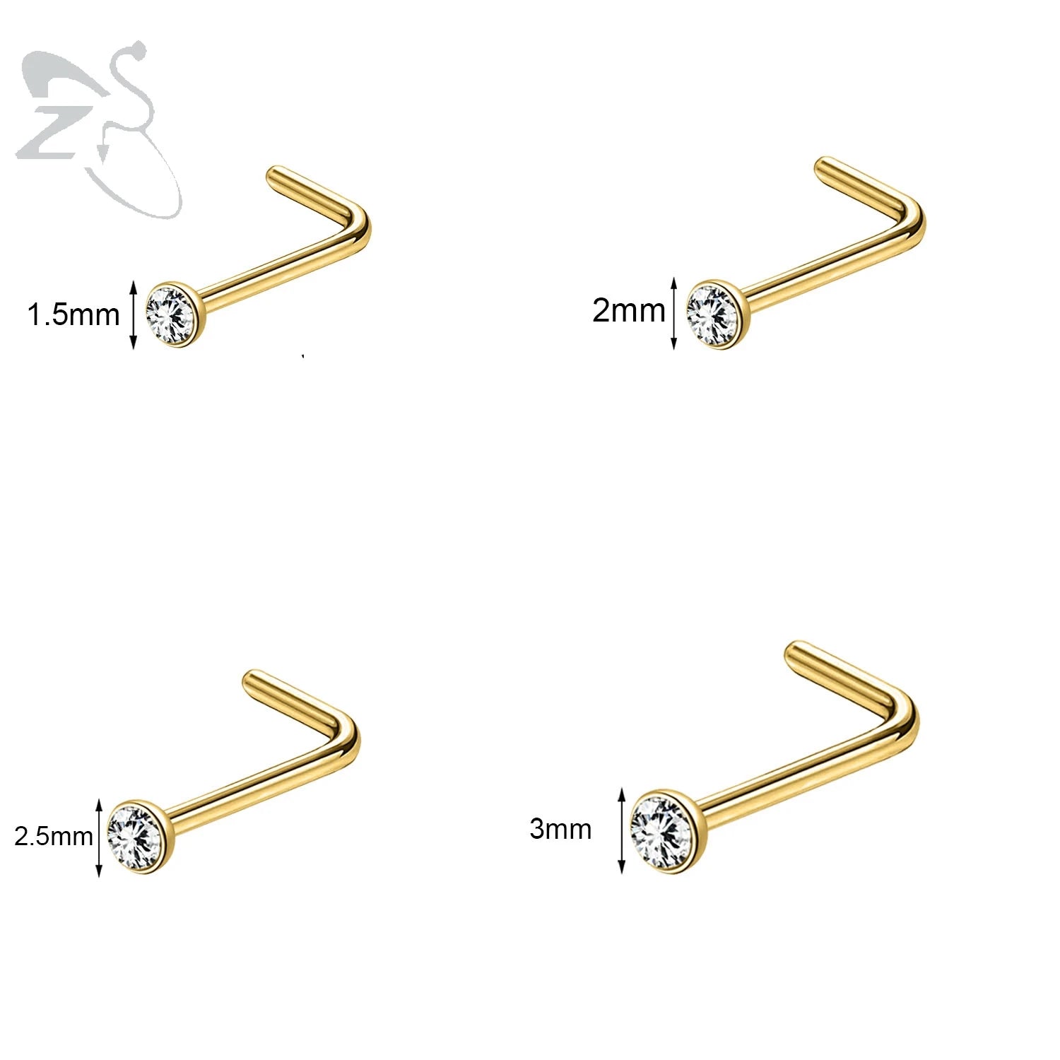 Gold stainless steel nose stud set featuring heart, star, and round crystal designs in L-shape, 18g/20g sizes.