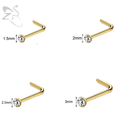 Gold stainless steel nose stud set featuring heart, star, and round crystal designs in L-shape, 18g/20g sizes.
