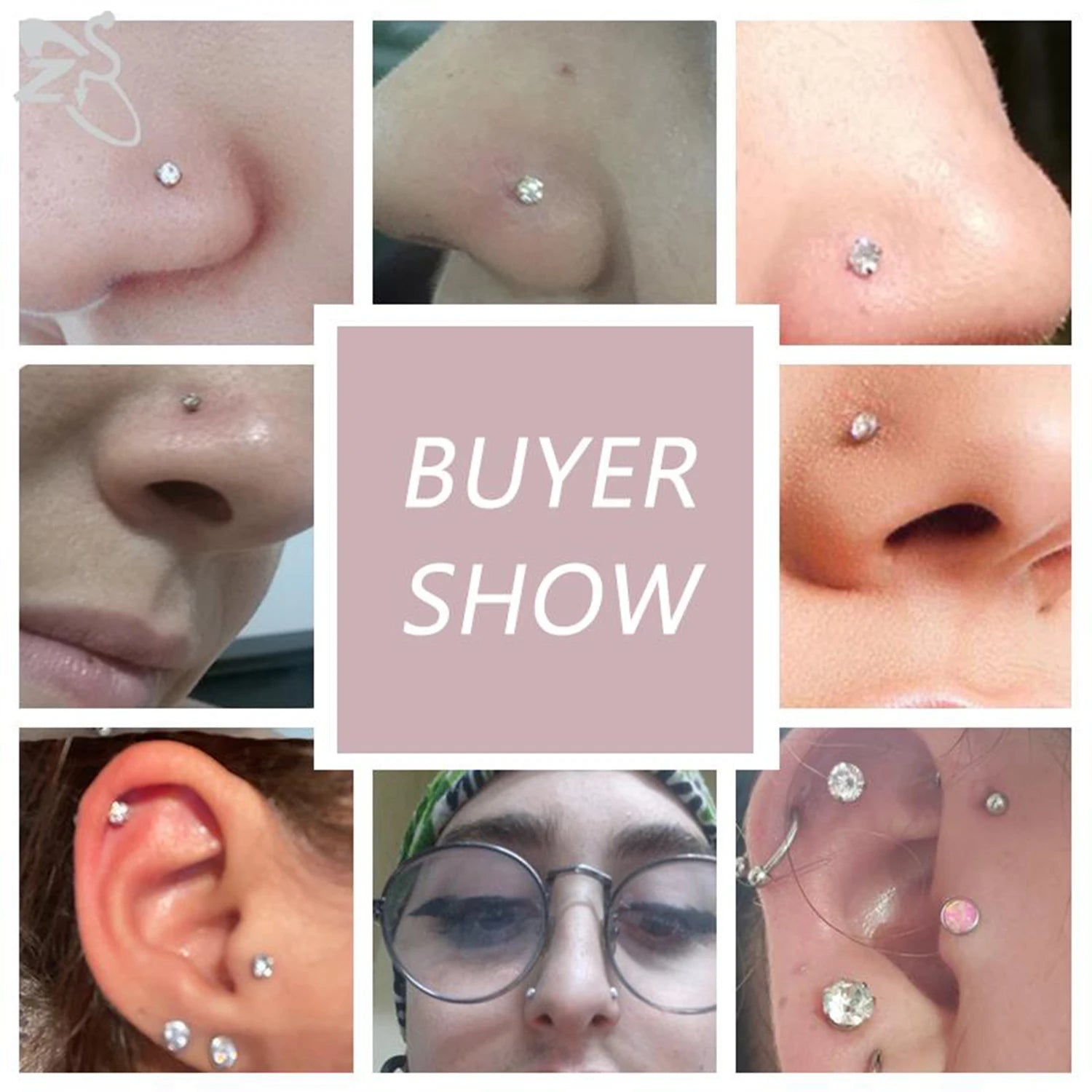 Gold stainless steel nose stud set with heart, star, and round crystal designs, featuring L shape for nostril piercing.