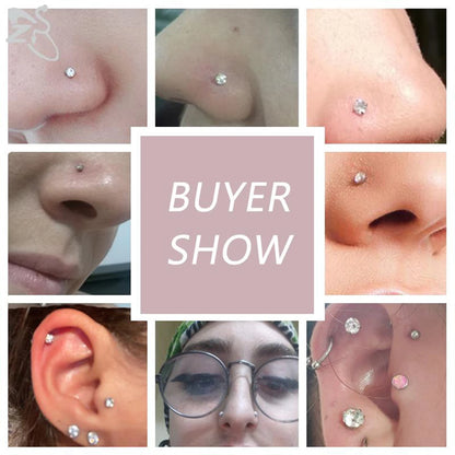 Gold stainless steel nose stud set with heart, star, and round crystal designs, featuring L shape for nostril piercing.