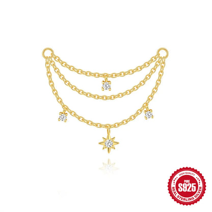 CANNER 925 Sterling Silver eight-pointed star stud earring with CZ and tassel chain, designed for women.