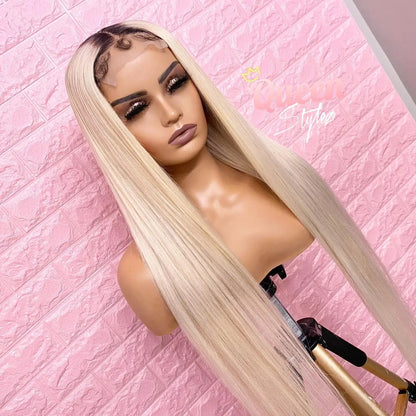 Honey blonde lace front human hair wig with dark roots, featuring straight Remy Brazilian texture by DoubleMfashion.