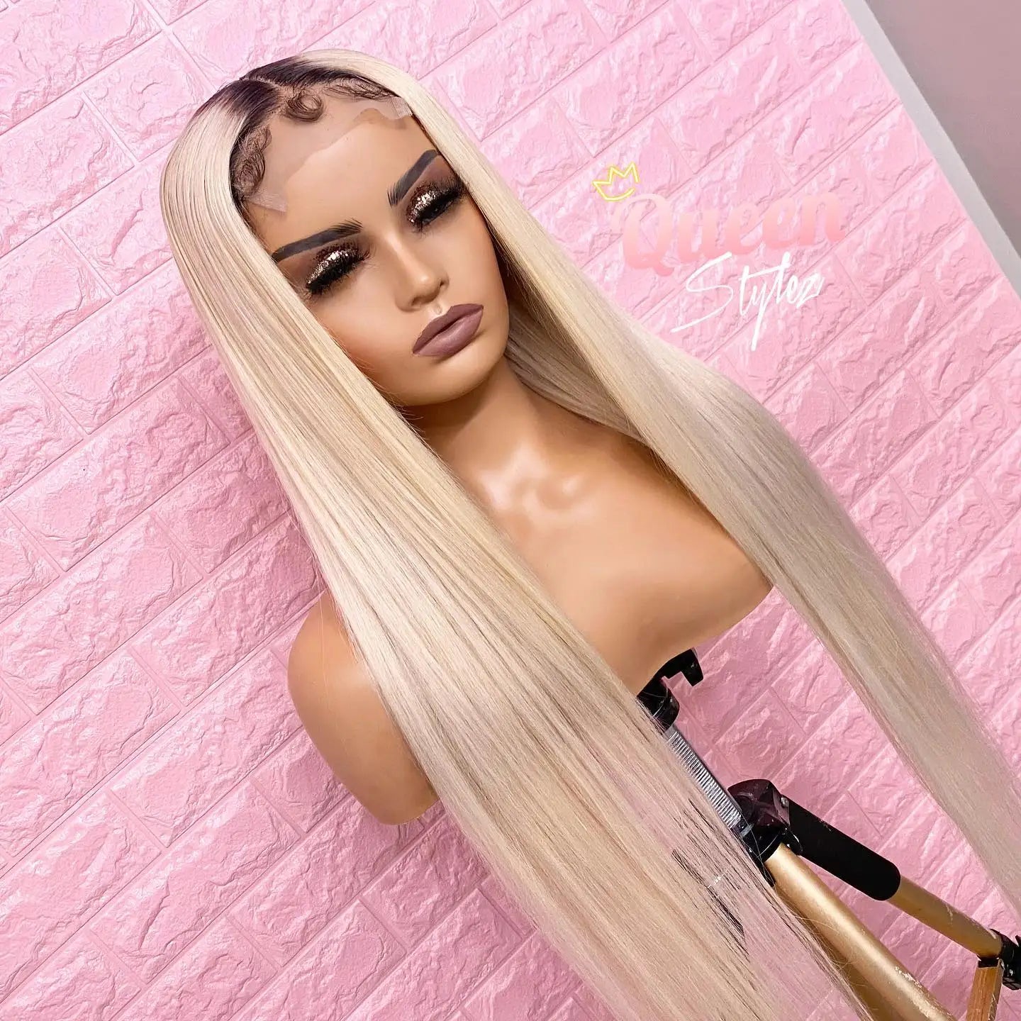 Honey blonde lace front human hair wig with dark roots, straight style, 13x4 design by DoubleMfashion for women.