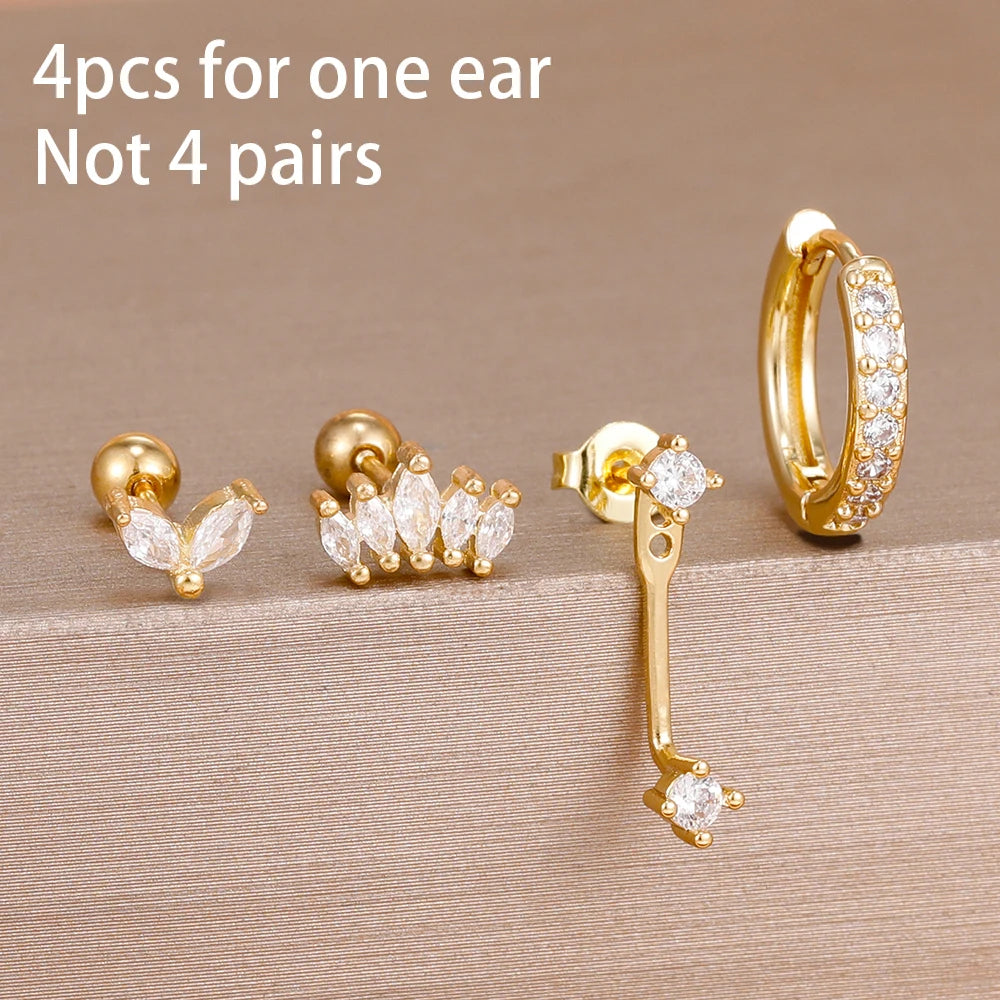 4PCS DoubleMfashion small hoop earrings set featuring star, moon, and flower designs in stainless steel.
