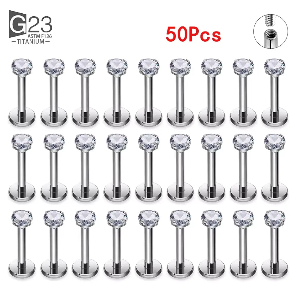 G23 titanium labret ear lip studs with square CZ stones, cartilage and tragus earrings by DoubleMfashion.